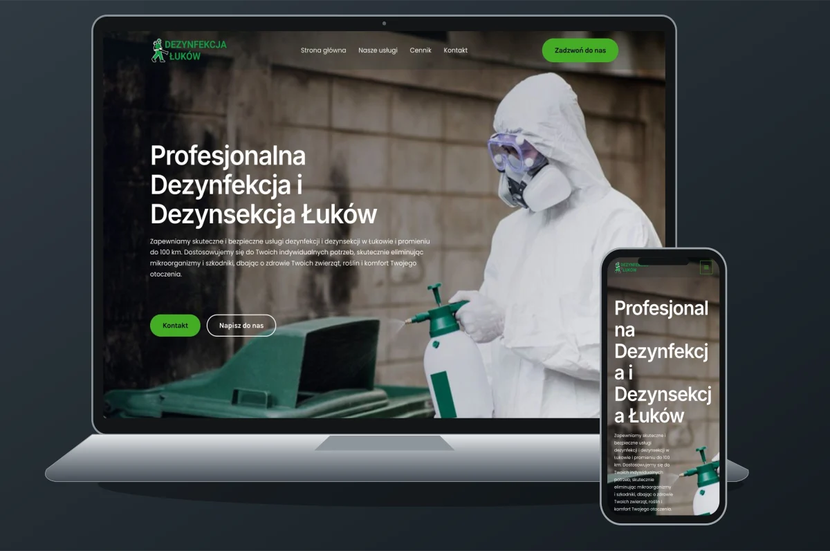 Dezynfekcja-Łuków.pl — strona firmy usługowej — widok na komputerze i telefonie