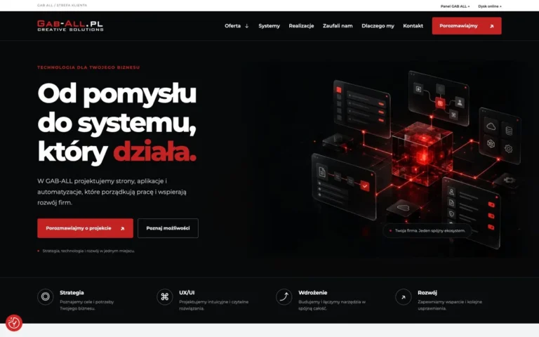 Nowa strona główna GAB-ALL — nagłówek i grafika przedstawiająca połączone systemy