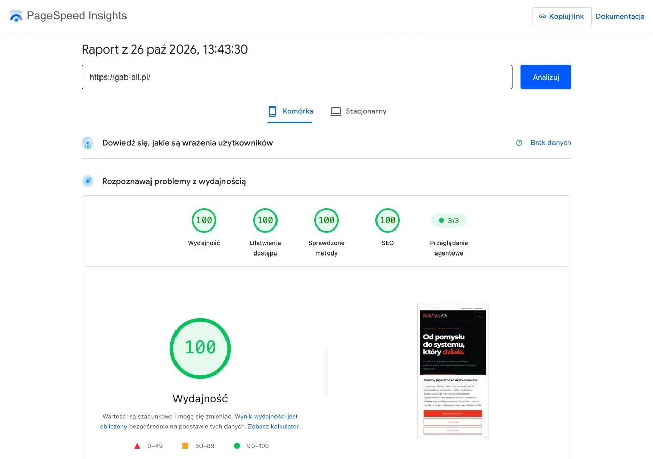 Zrzut PageSpeed Insights: GAB-ALL z wynikiem 100 za wydajność, dostępność, dobre praktyki i SEO w pomiarze mobilnym
